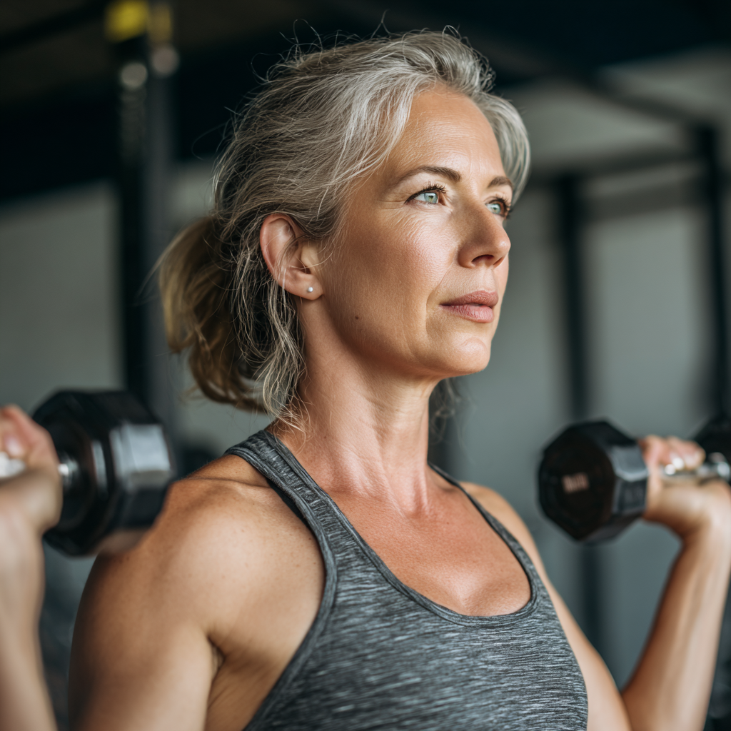 Energetic middle-aged woman doing strength training in modern fitness studio