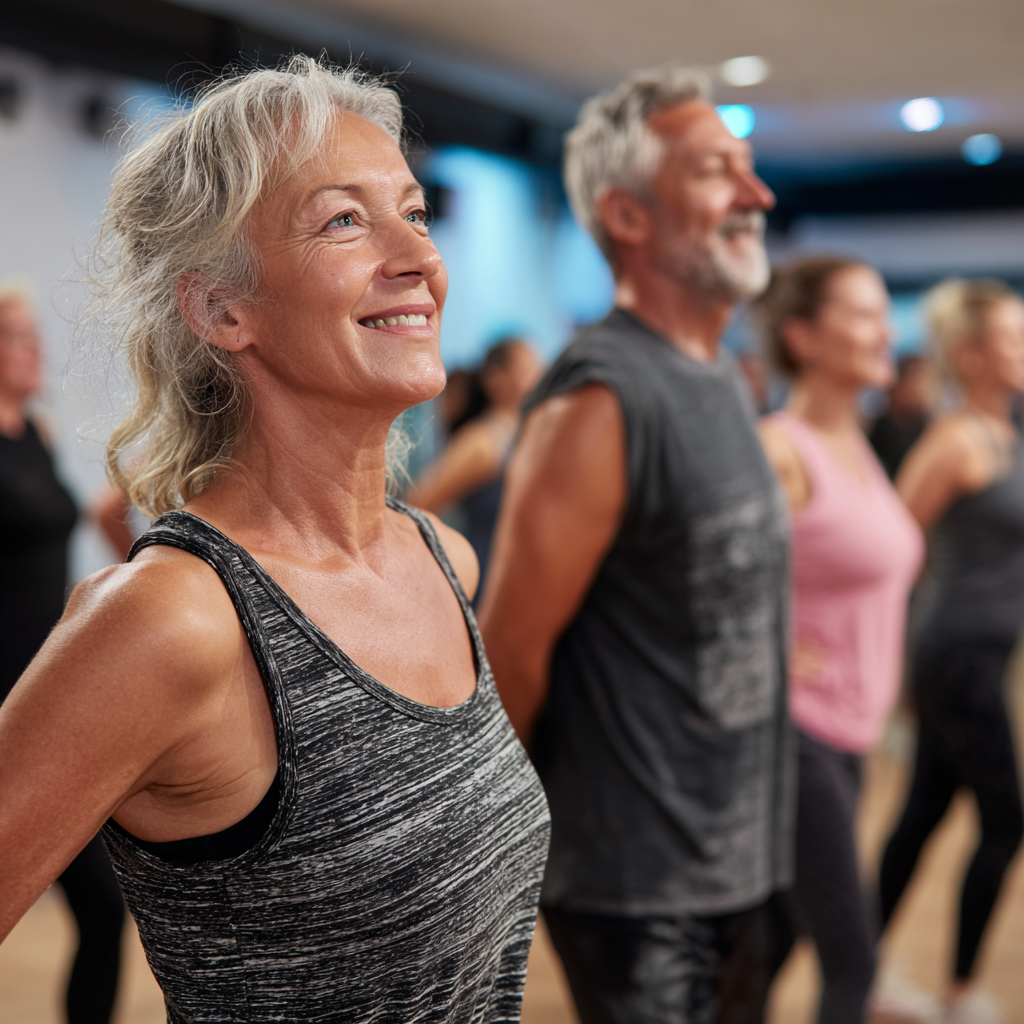 Mature adults participating in group fitness class with professional instructor