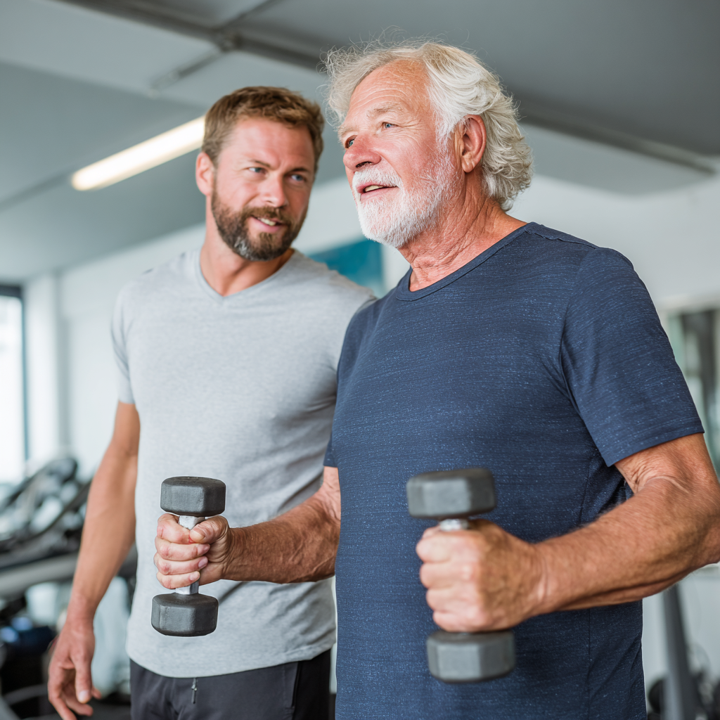 Senior adult man exercising with personal trainer in comfortable gym environment